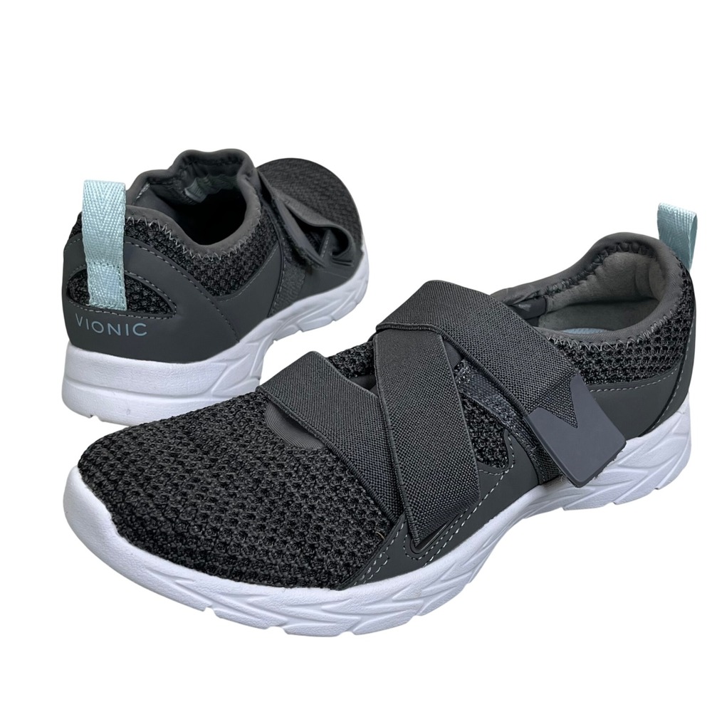 Vionic Aimmy Walking Shoes Womens 6 Gray Mesh Orthotic Cross Strap Sneakers